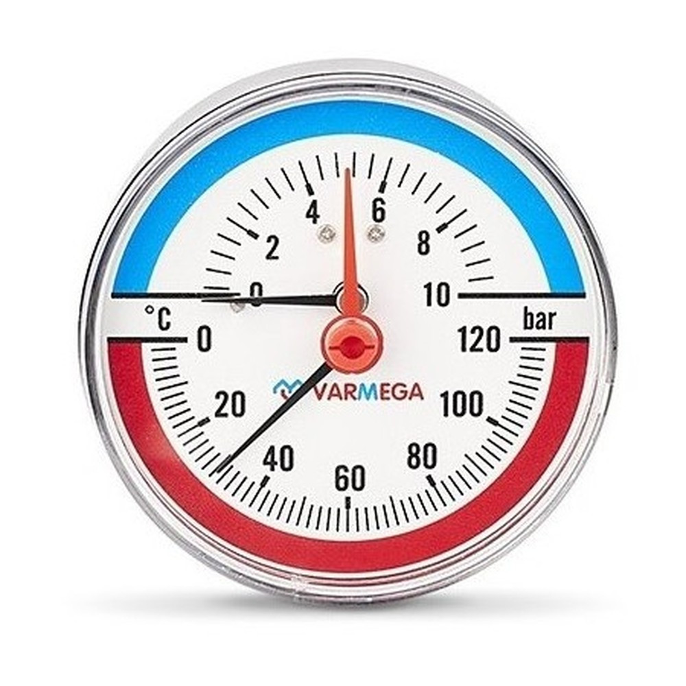 Термоманометр VARMEGA аксиальный 80 мм, 10 бар, 120гр.С, 1/2", с отсекающим клапаном, VMMT06-801004