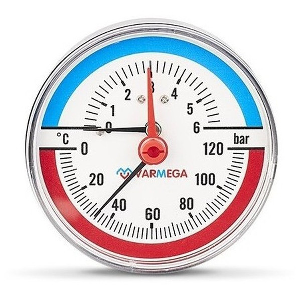 Термоманометр VARMEGA аксиальный 80 мм, 6 бар, 120гр.С, 1/2", с отсекающим клапаном, VMMT06-800604