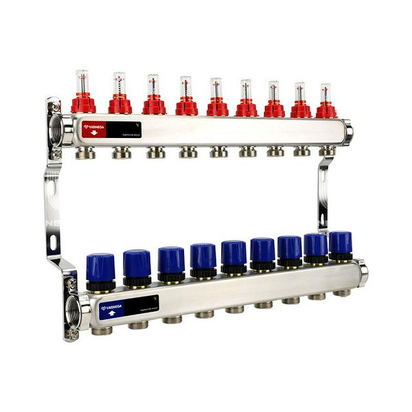 Группа коллекторная с расх. VARMEGA VM15109 ВР 1", под 130 насос, на 9 конт. 3/4" EK, нерж. сталь
