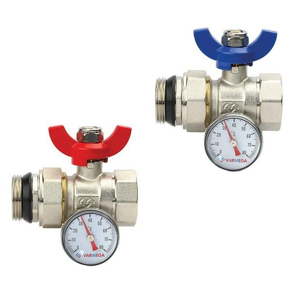 Кран шаровой VARMEGA, НР-ВР 1"x3/4", с разъемным соединением, с термометром, комплект_2 шт