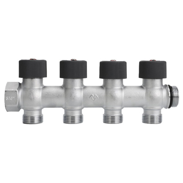 Коллектор с регулировочным клапаном латунный VARMEGA VMMM03, 3/4", на 4 выхода 3/4"ЕК, никель