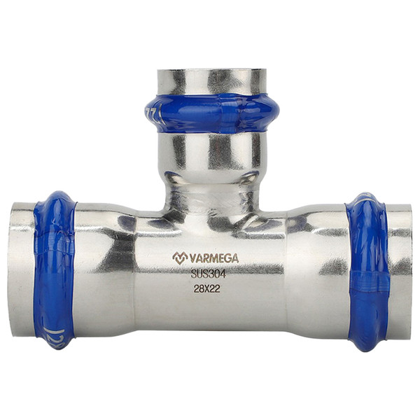 Тройник пресс для металлопластиковых труб VARMEGA раструбный Inox Press переходной 28x18x28 (5)