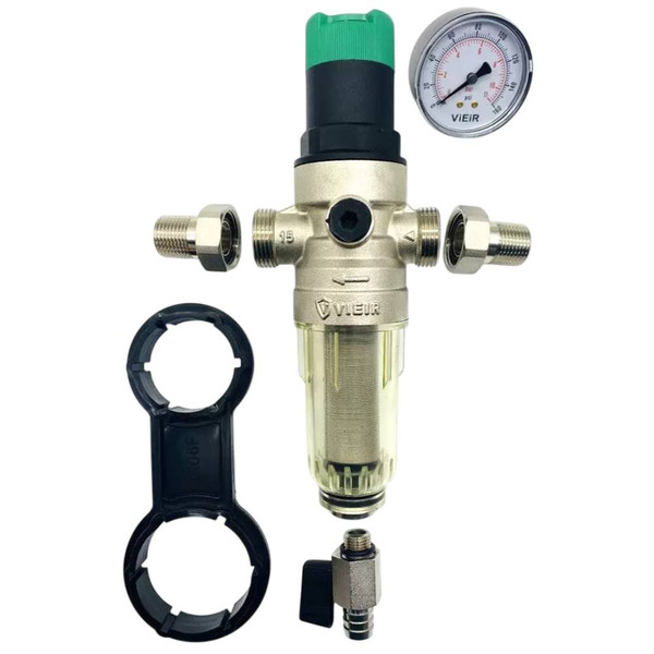 Фильтр VIEIR с регулятором давления и манометром 1/2" для холод. воды НИКЕЛЬ (10/1)