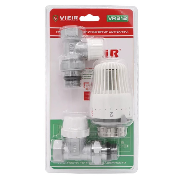 Комплект VIEIR радиаторный прямой (клапан термостат. клапан запорный,термоловка) 1/2" VR312 (25/1)