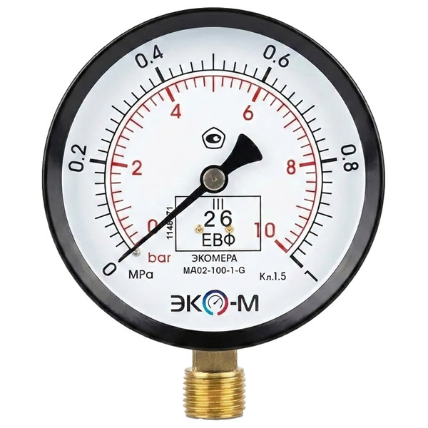 Манометр МД02 радиальный ЭКОМЕРА Дк100мм 0-1,0 МПа кл.1,5 G1/2" МД02-100-G-1МПа-ЭИ