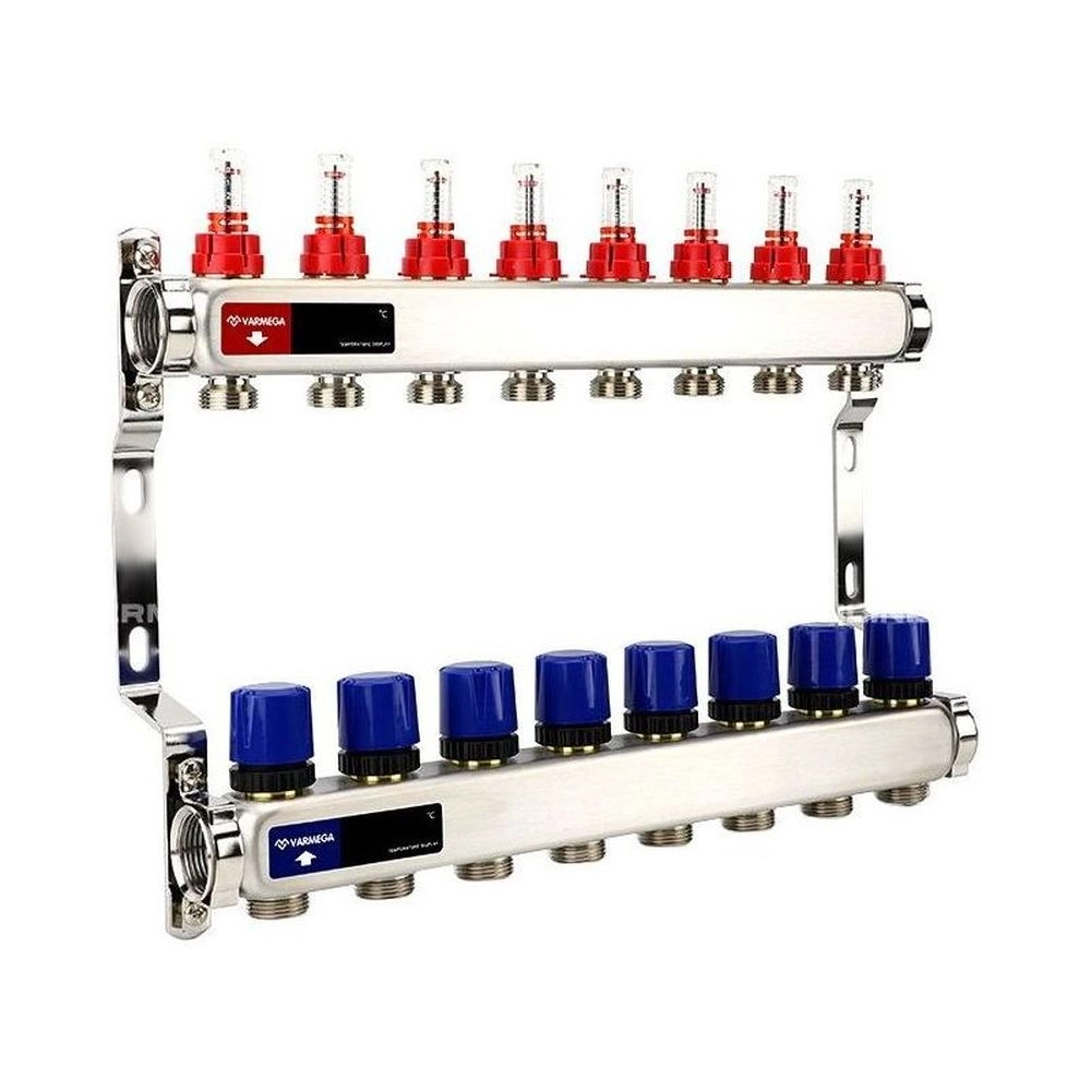 Изображение товара Группа коллекторная с расх. VARMEGA VM15108 ВР 1", под 130 насос, на 8 конт. 3/4" EK, нерж. сталь