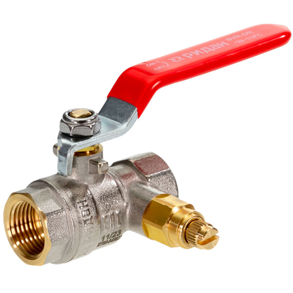 Кран шаровой латунный РИДАН BVR-DR DN40 PN40 с внутренней резьбой и спускным элементом