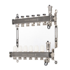 Изображение товара Коллектор Royal Thermo нерж. в сборе универсальный 1" ВР-3/4" НР с автомат. воздухоотвод-ми 6 вых.