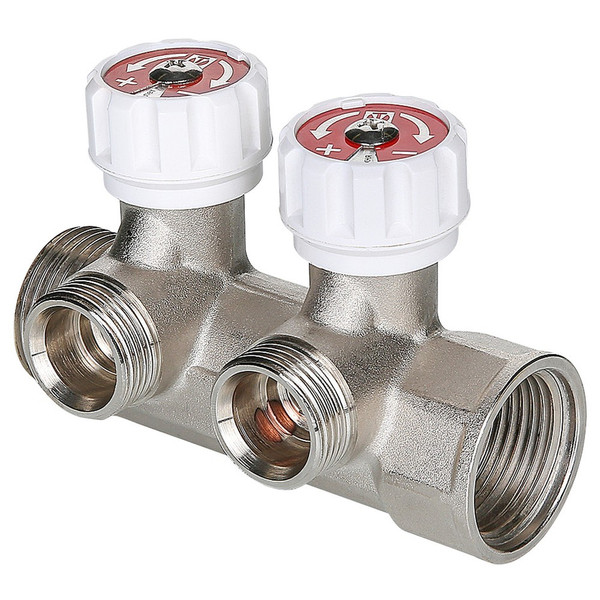 Коллектор с регулировочными вентилями 2 выхода 1" * 3/4" (VTc.570.NE) (Valtec)(на подачу)