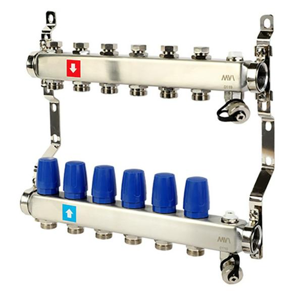Коллектор из нерж. стали в сборе без расходомеров 1"х3/4"ЕК 6 вых. c дренаж. краном и воздухоотв.