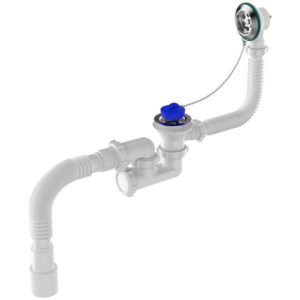 Сифон для ванны "Aquant" с гибкой трубой 1 1/2х40/50, нерж. выпуск полуавтомат (V255-25-MR)