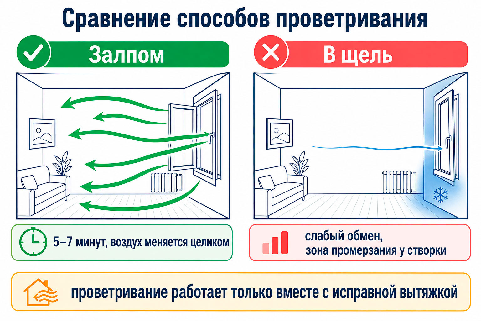 Проветривание залпом против микропроветривания при конденсате на окнах
