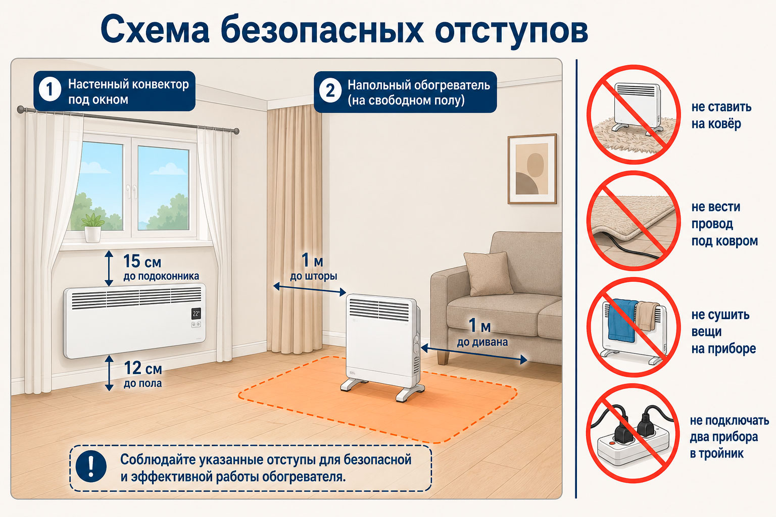 Безопасные расстояния при установке обогревателя: 1 м до мебели, 12 см до пола, 15 см до подоконника