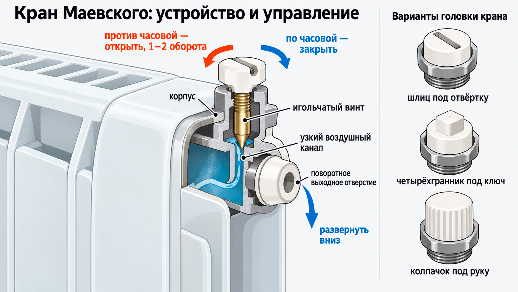 Устройство крана Маевского: в какую сторону откручивать винт, чтобы спустить воздух из батареи