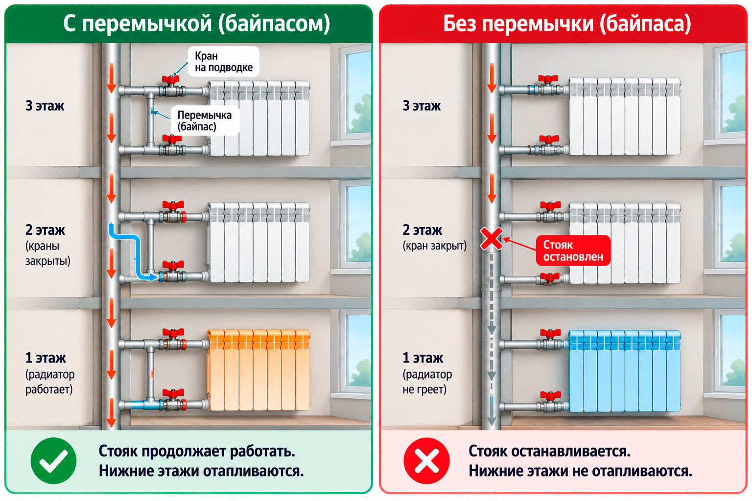 Однотрубный стояк отопления с перемычкой у радиатора и без неё